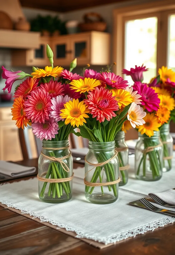 21 Stunning Kitchen Table Centerpiece Ideas You Can DIY for Any Season! 4 21 Stunning Kitchen Table Centerpiece Ideas You Can DIY for Any Season! (Wait Until You See #14!) - 1. Fresh Flower Arrangement in Mason Jars