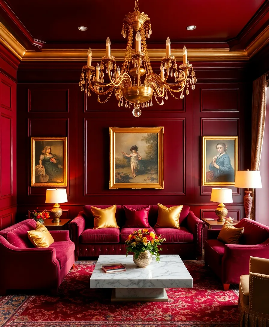 21 Cosy Living Room Ideas in Warm Colours That Will Melt Your Heart! - 4. Rich Burgundy and Gold