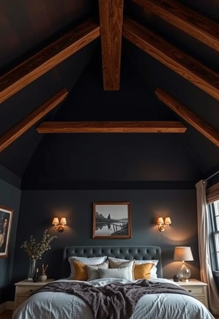 21 Moody Eclectic Bedroom Ideas That Will Transform Your Space into a Cozy Sanctuary! 15 21 Moody Eclectic Bedroom Ideas That Will Transform Your Space into a Cozy Sanctuary! - 12. Artistic Ceiling Treatments