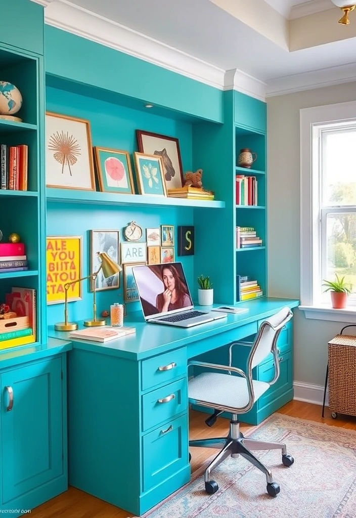 21 Stunning Home Office Built-Ins with Desk Designs That Will Transform Your Workspace! 6 21 Stunning Home Office Built-Ins with Desk Designs That Will Transform Your Workspace! - 3. Bold and Bright: Colorful Built-Ins