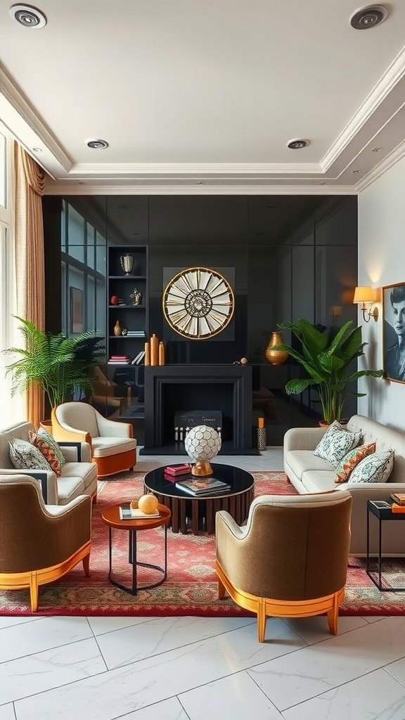 Living room featuring Art Deco influenced furniture with geometric patterns and luxurious materials.