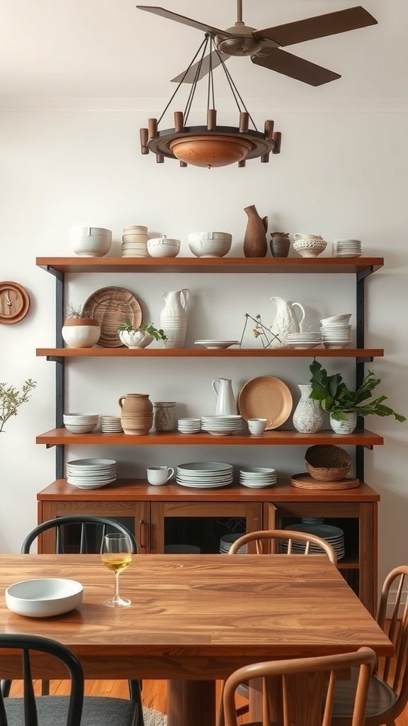 17 Gorgeous Cottage Core Dining Room Ideas For Your Home 13 A cozy dining room with artisanal dishware displayed on wooden shelves.