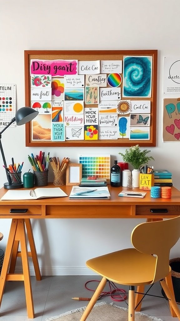 17 Gorgeous Desk Setup Aesthetic Ideas For Productivity 6 A vibrant desk setup with a bulletin board, colorful stationery, and creative decor.