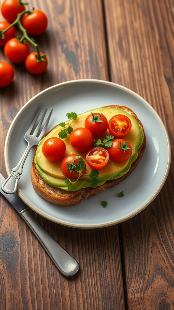 15 Easy & Healthy Breakfast Ideas 5 Avocado toast topped with cherry tomatoes on a plate