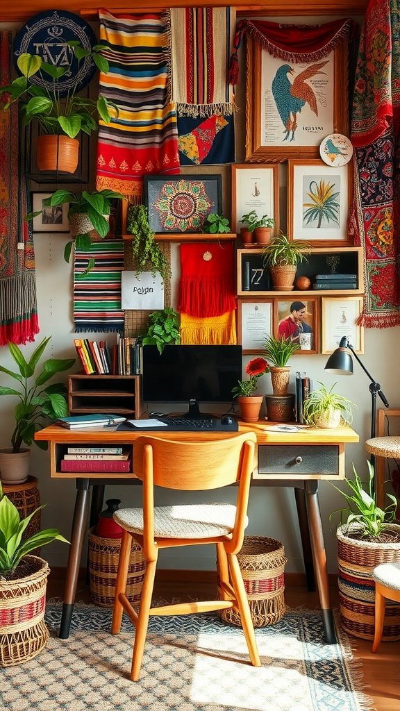 17 Gorgeous Desk Setup Aesthetic Ideas For Productivity 7 A vibrant and cozy Bohemian-style desk setup with plants, colorful textiles, and art