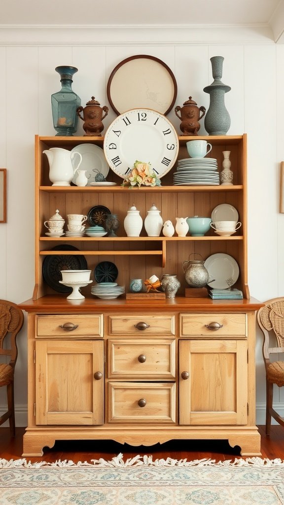 17 Gorgeous Cottage Core Dining Room Ideas For Your Home 19 A wooden hutch displaying various collectibles, including plates and vases.