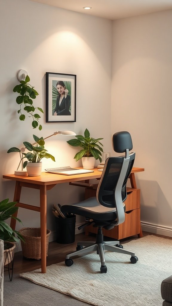 19 Stylish Desk Ideas to Transform Your Living Room into a Multi-Use Space 8 A stylish corner workstation with a wooden desk, ergonomic chair, plants, and a framed picture.