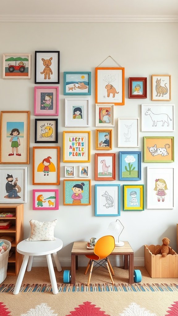 13 Kids Room Inspiration Ideas For A Stylish & Fun Space 6 A vibrant gallery wall with various child-friendly art pieces in colorful frames.