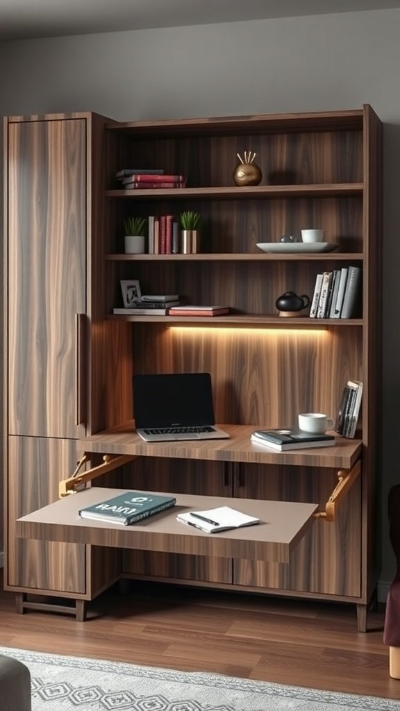 19 Stylish Desk Ideas to Transform Your Living Room into a Multi-Use Space 3 A modern compact pull-out desk in a living room setting.