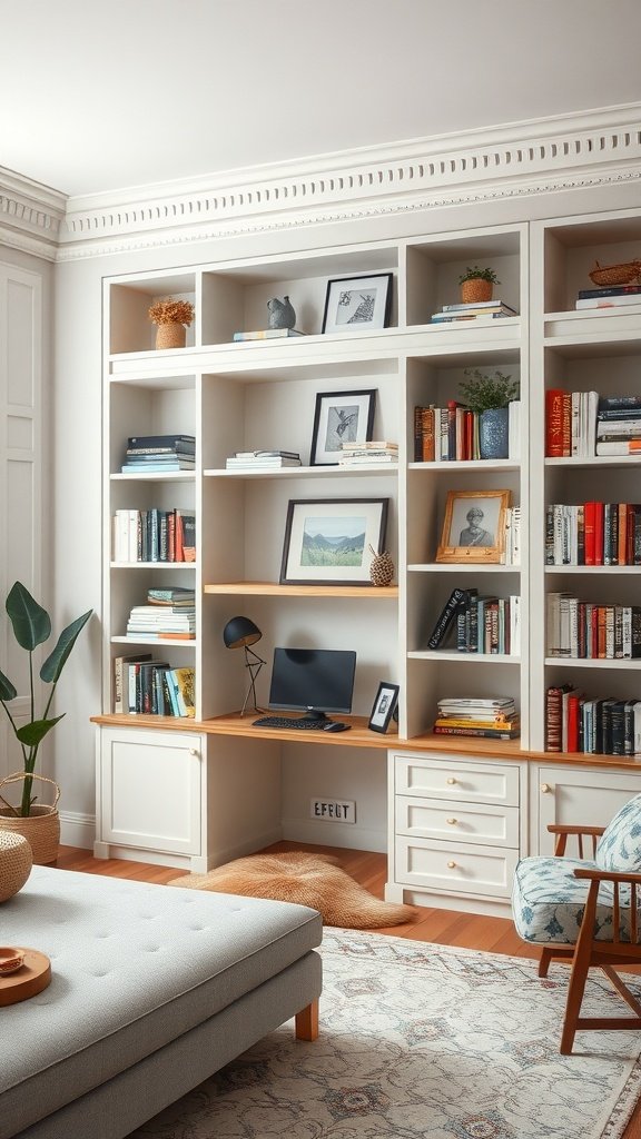 19 Stylish Desk Ideas to Transform Your Living Room into a Multi-Use Space 5 A stylish living room featuring a bookcase designed as a desk, equipped with a computer and decor.