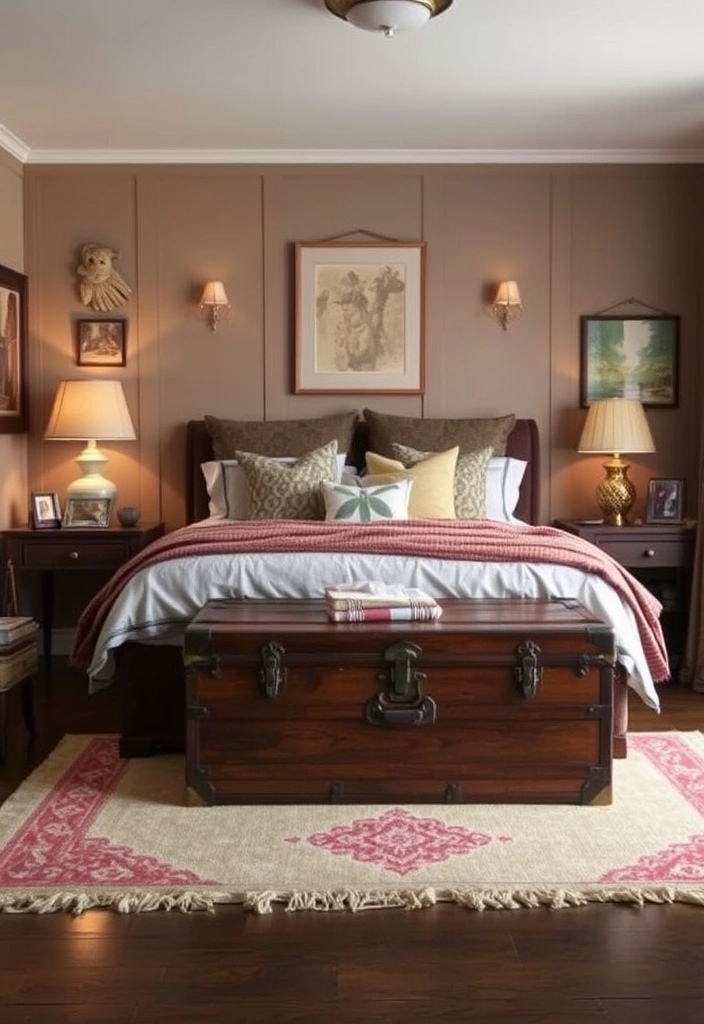 21 Moody Eclectic Bedroom Ideas That Will Transform Your Space into a Cozy Sanctuary! 21 21 Moody Eclectic Bedroom Ideas That Will Transform Your Space into a Cozy Sanctuary! - 18. Vintage Trunks and Storage