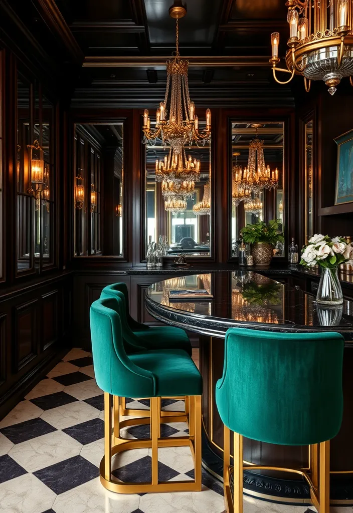 21 Trendy Luxury Home Bar Designs for the Ultimate Sophistication! 5 21 Trendy Luxury Home Bar Designs for the Ultimate Sophistication! - 2. Art Deco Glamour