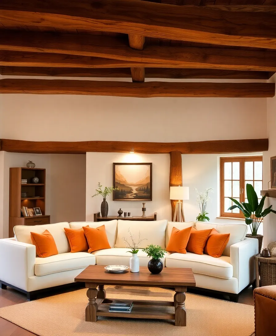 21 Cosy Living Room Ideas in Warm Colours That Will Melt Your Heart! - 13. Warm Wood Beams and Accents
