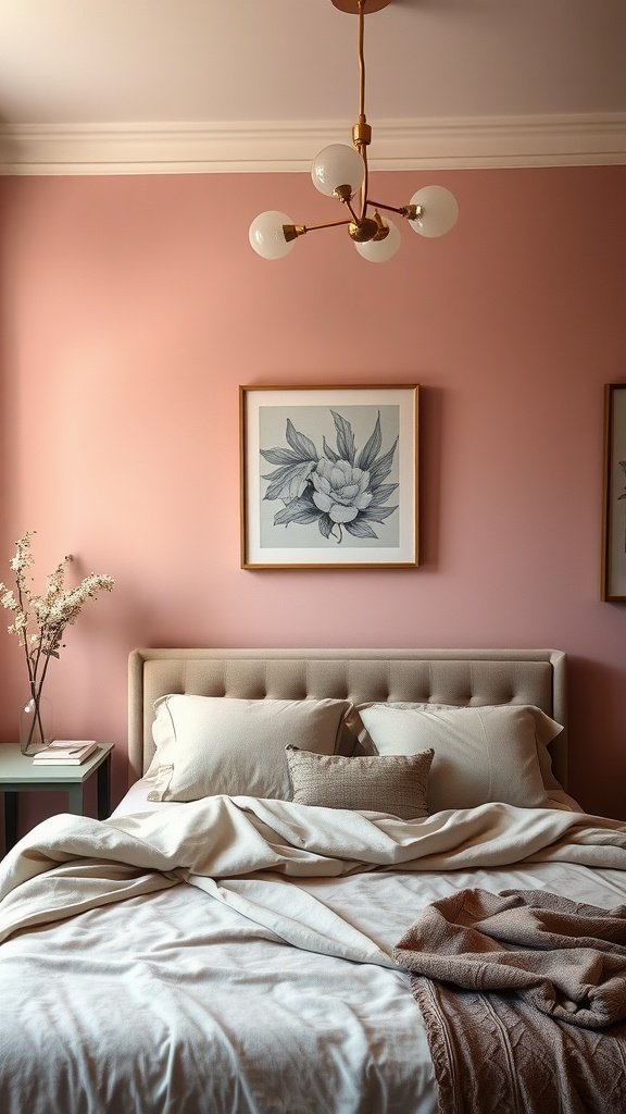 15 Dusty Pink Bedroom Ideas For A Soft & Elegant Vibe 8 Cozy bedroom with a dusty pink feature wall, stylish bed, and decorative elements.