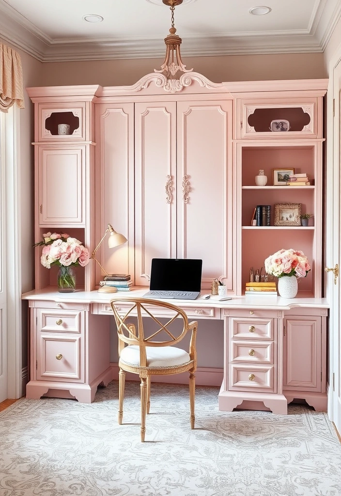 21 Stunning Home Office Built-Ins with Desk Designs That Will Transform Your Workspace! 10 21 Stunning Home Office Built-Ins with Desk Designs That Will Transform Your Workspace! - 7. Feminine Touch: Soft Colors and Elegant Designs