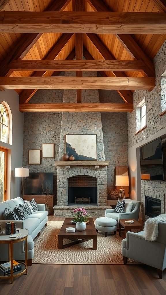 21 Craftsman Interior Design Ideas For A Cozy & Timeless Home 7 A cozy living room with natural wood beams, stone fireplace, and comfortable furniture.