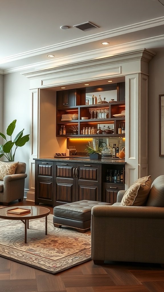 17 Built-In Bar In Living Room Ideas 3 Functional built-in bar in a stylish living room with hidden storage.