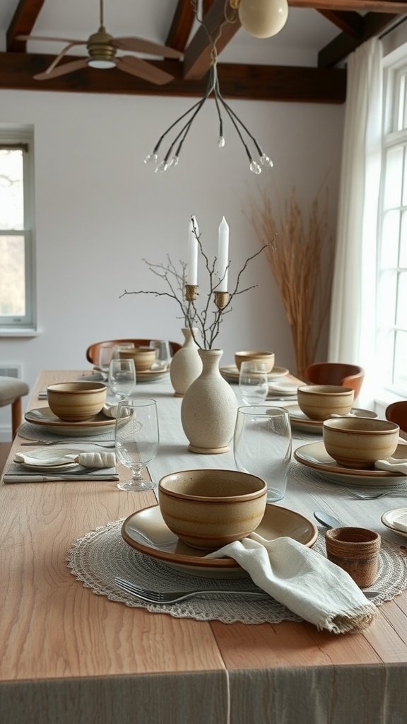 17 Gorgeous Cottage Core Dining Room Ideas For Your Home 9 A dining table set with handmade pottery dinnerware, featuring bowls, plates, and a vase, creating a cozy cottage core vibe.