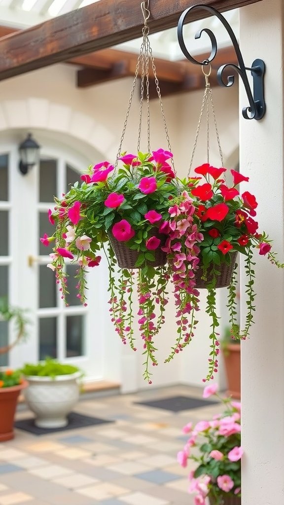15 Courtyard Garden Ideas For A Lush Outdoor Oasis 9 Hanging planters filled with colorful flowers in a courtyard garden