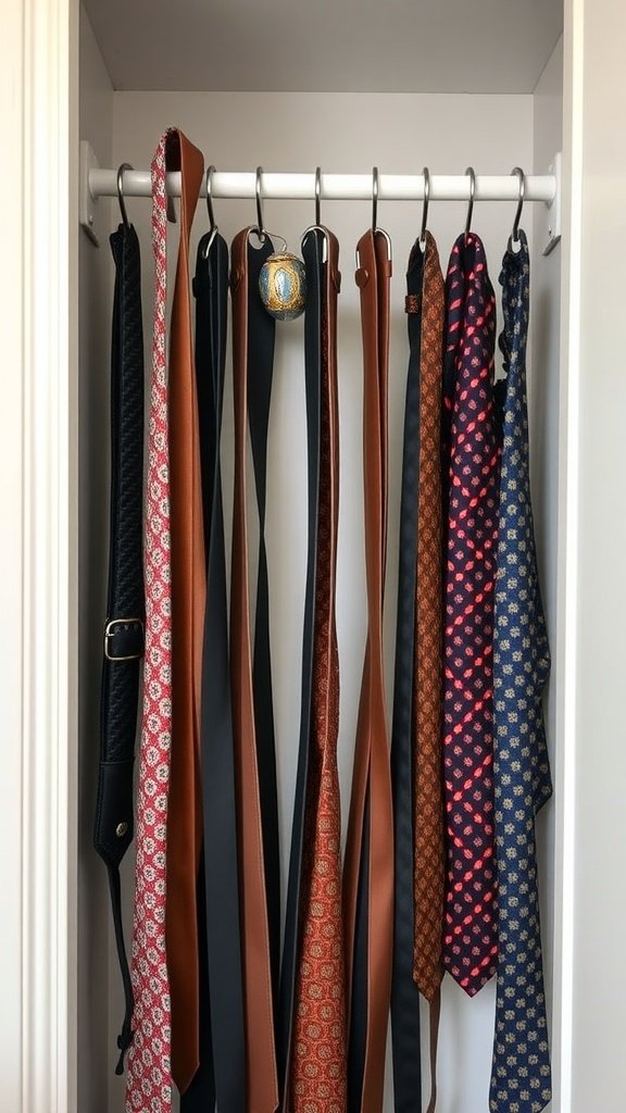 A closet with a hanging rod displaying various ties and belts neatly organized.