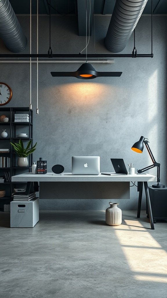 17 Gorgeous Desk Setup Aesthetic Ideas For Productivity 5 An industrial modern office with a sleek desk, laptops, and a minimalist aesthetic.