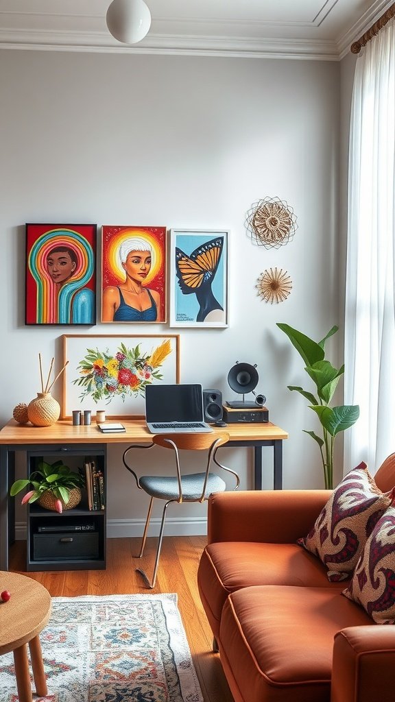 19 Stylish Desk Ideas to Transform Your Living Room into a Multi-Use Space 6 A cozy living room workspace features colorful art on the walls, a wooden desk with a laptop, and a comfortable chair.
