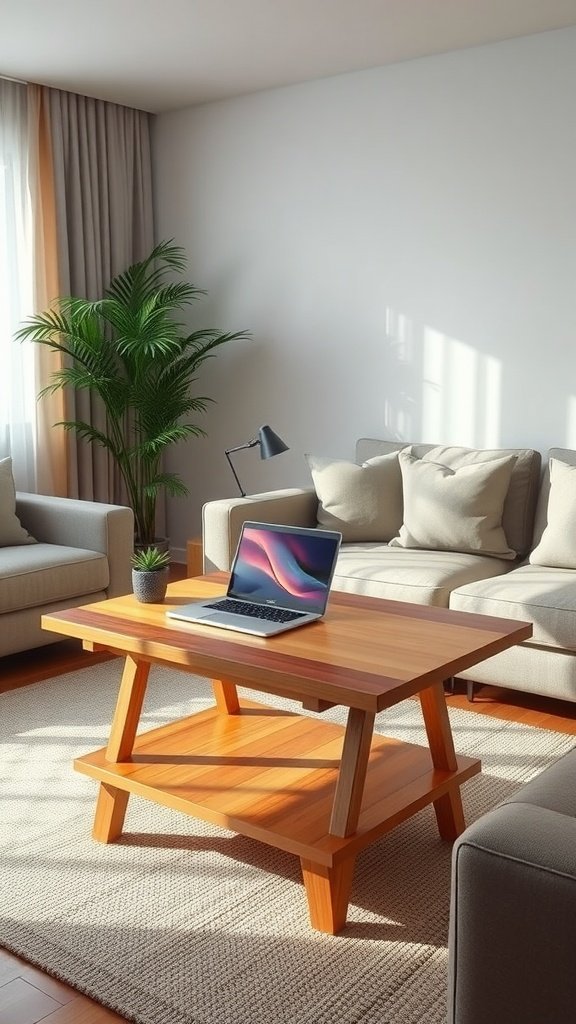 19 Stylish Desk Ideas to Transform Your Living Room into a Multi-Use Space 9 A stylish coffee table with a laptop on it in a cozy living room setting.