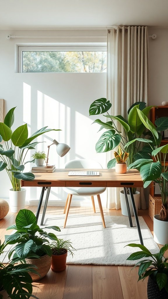 19 Stylish Desk Ideas to Transform Your Living Room into a Multi-Use Space 13 A bright and airy home office setup with a wooden desk surrounded by various indoor plants.