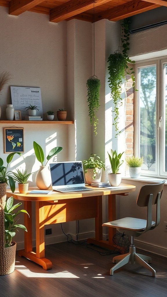 19 Stunning Ikea Desk Ideas You Need To Copy 8 A nature-inspired workspace featuring a wooden desk, laptop, and various indoor plants.