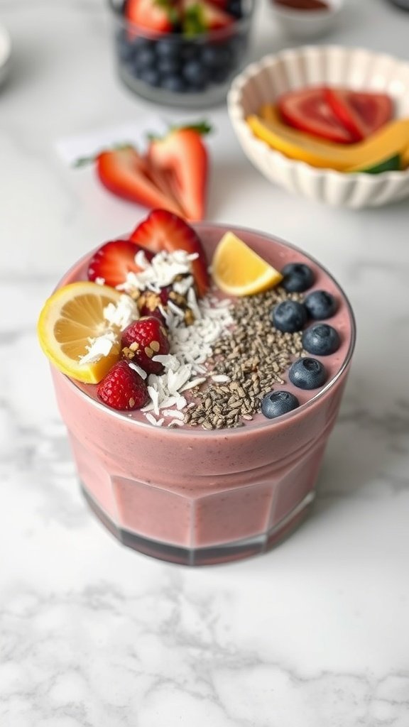 15 Easy & Healthy Breakfast Ideas 8 A vibrant smoothie bowl topped with fresh fruits and coconut flakes.