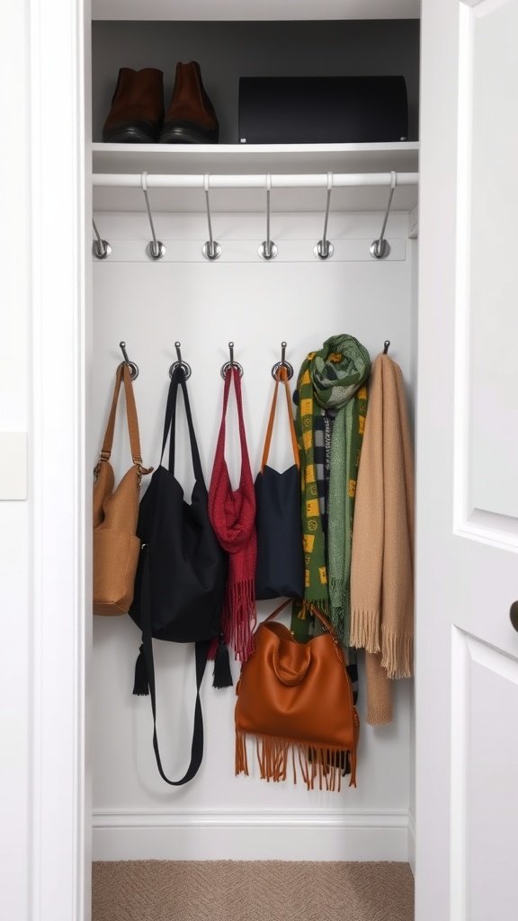 Closet door with hooks holding bags and scarves