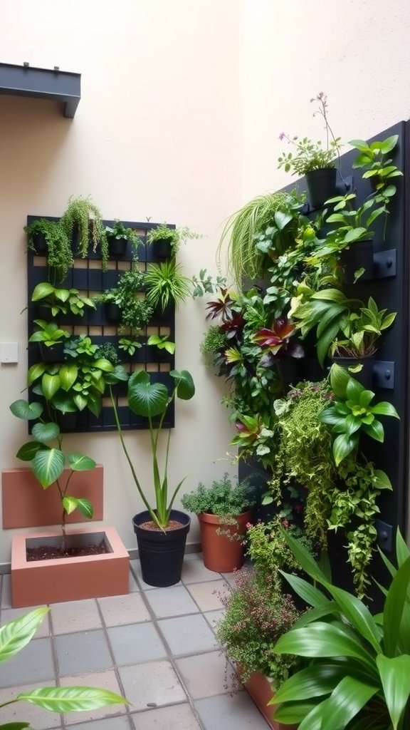 15 Courtyard Garden Ideas For A Lush Outdoor Oasis 3 A vertical garden wall with various plants, showcasing a lush green display in a courtyard