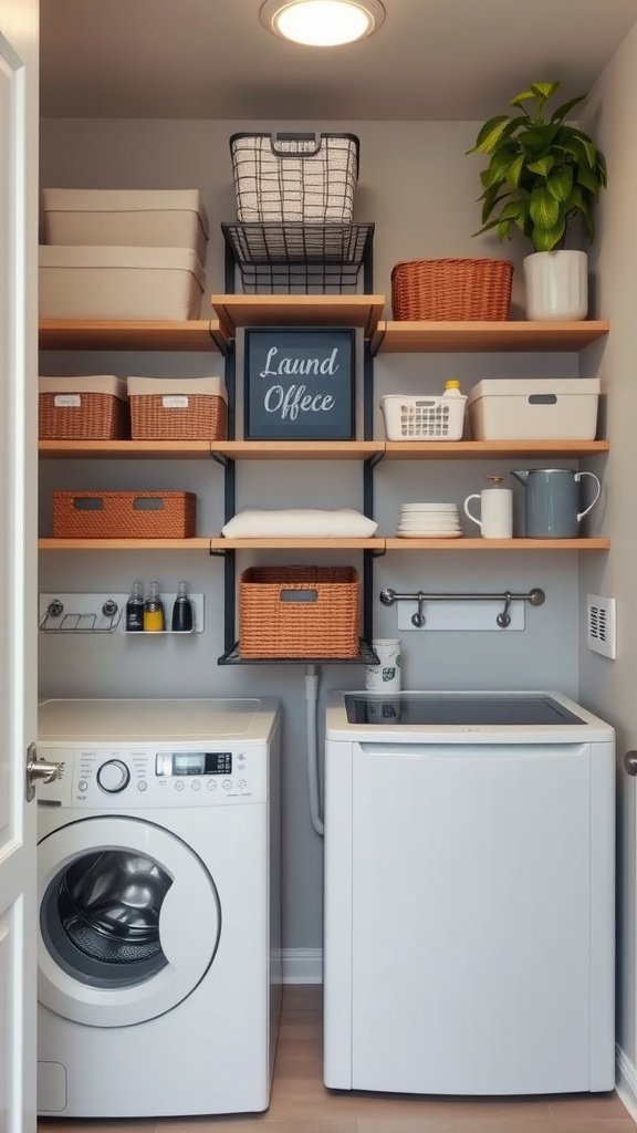 21 Stacked Laundry Room Ideas Small Spaces 5 A compact laundry room featuring vertical shelving with baskets and a plant.