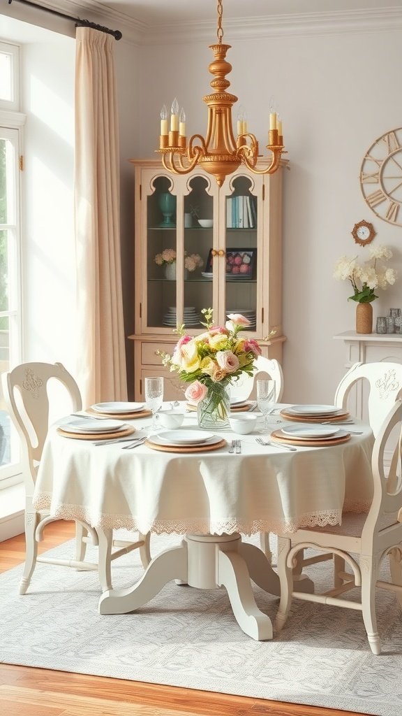 17 Gorgeous Cottage Core Dining Room Ideas For Your Home 17 A cozy dining room with a floral centerpiece, elegant tableware, and a warm chandelier.