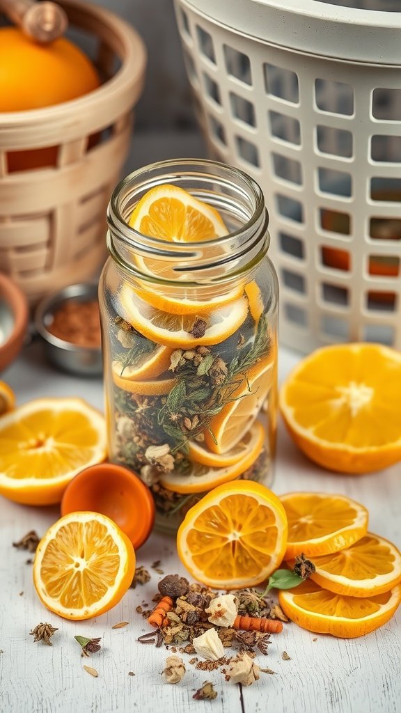 13 Creative Diy Laundry Detergent Powder Ideas To Try 5 A jar filled with lemon slices and dried herbs, with cut lemons and a laundry basket in the background.
