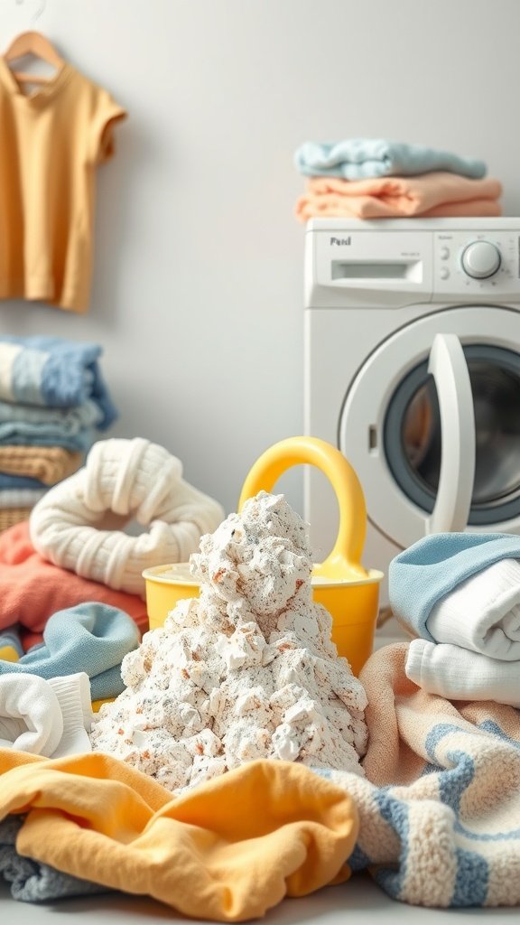 13 Creative Diy Laundry Detergent Powder Ideas To Try 9 A colorful laundry setup with a pile of clothes, a yellow bucket, and a washing machine in the background.