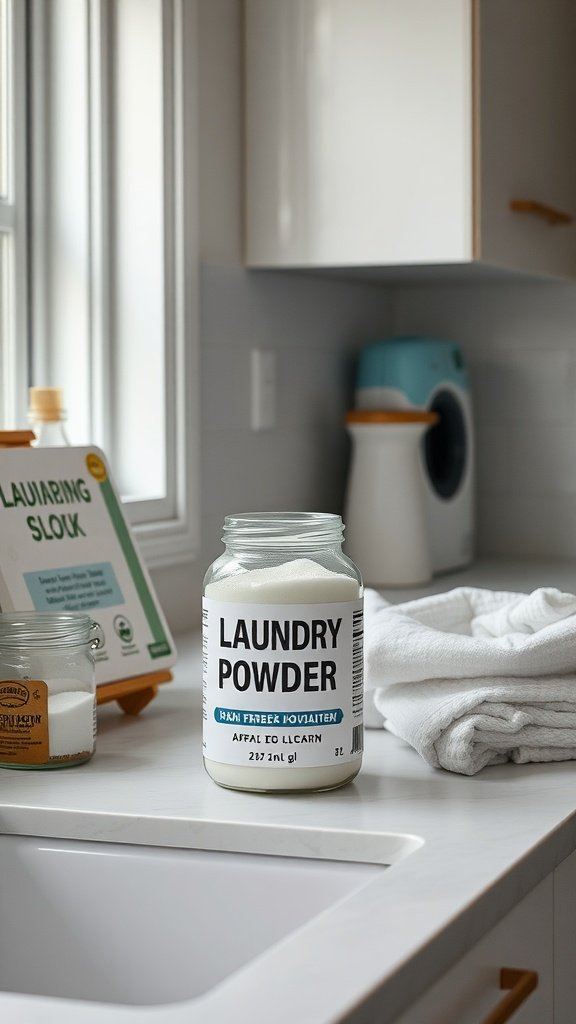 13 Creative Diy Laundry Detergent Powder Ideas To Try 6 A jar labeled 'LAUNDRY POWDER' sitting on a countertop next to a sink, with clean towels and a washing machine in the background.