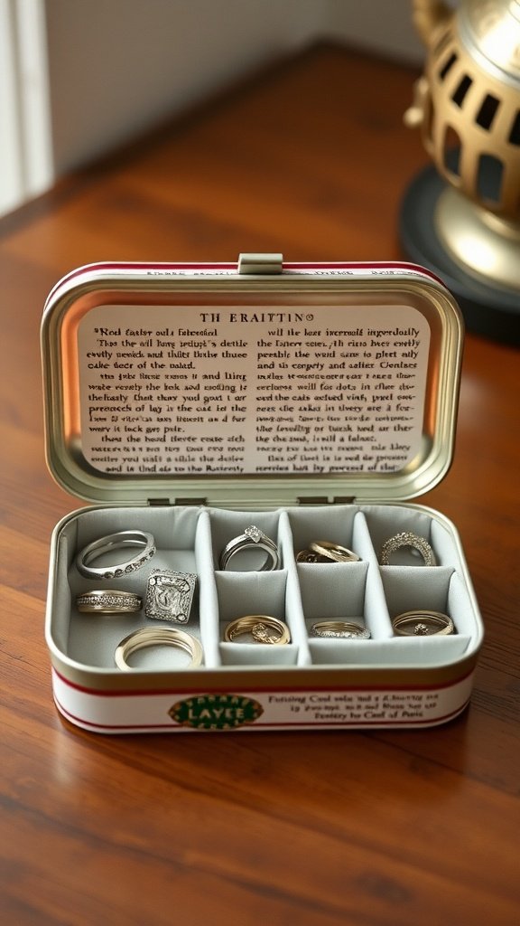 17 Creative Altoid Tin Ideas Diy You’Ll Love 6 An Altoid tin organized with various rings, lined with fabric.