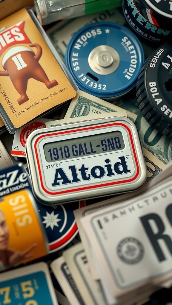 17 Creative Altoid Tin Ideas Diy You’Ll Love 5 An Altoid tin surrounded by cash and various cards.