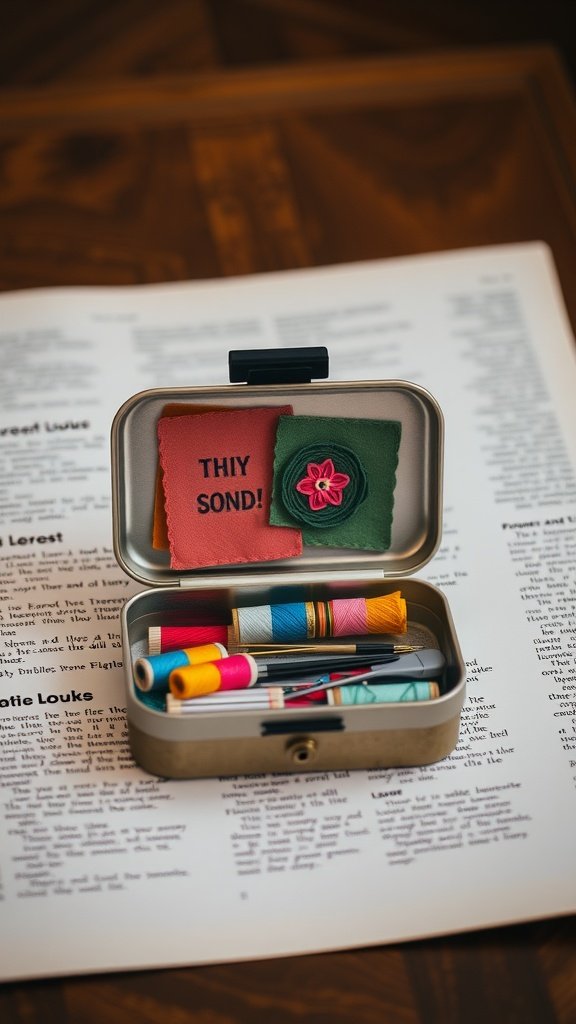 17 Creative Altoid Tin Ideas Diy You’Ll Love 4 A neatly arranged travel sewing kit inside an Altoid tin, showcasing colorful threads and fabric swatches.